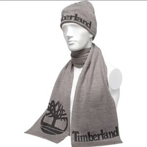 Timberland Men's Gray Logo Jacquard Reversible Scarf And Beanie -2 Piece Set